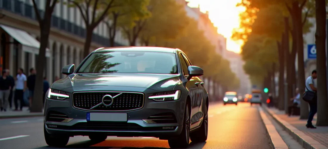 Berline moderne garée sur un boulevard métropolitain français illustrant l'auto prix métropolitain en zone urbaine dense