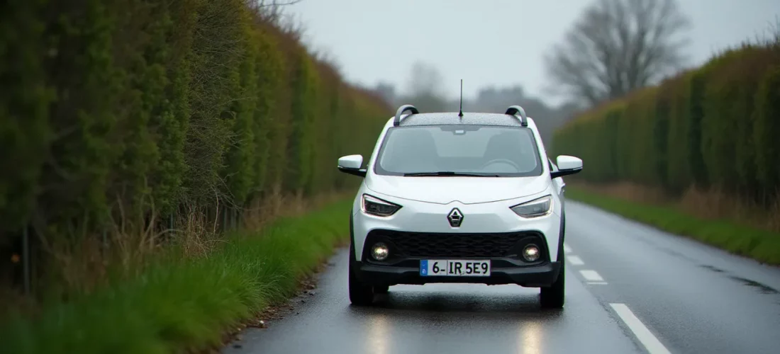 Une Aixam City blanche garée sur une route normande mouillée en Seine-Maritime, représentant une auto sans permis dans le 76