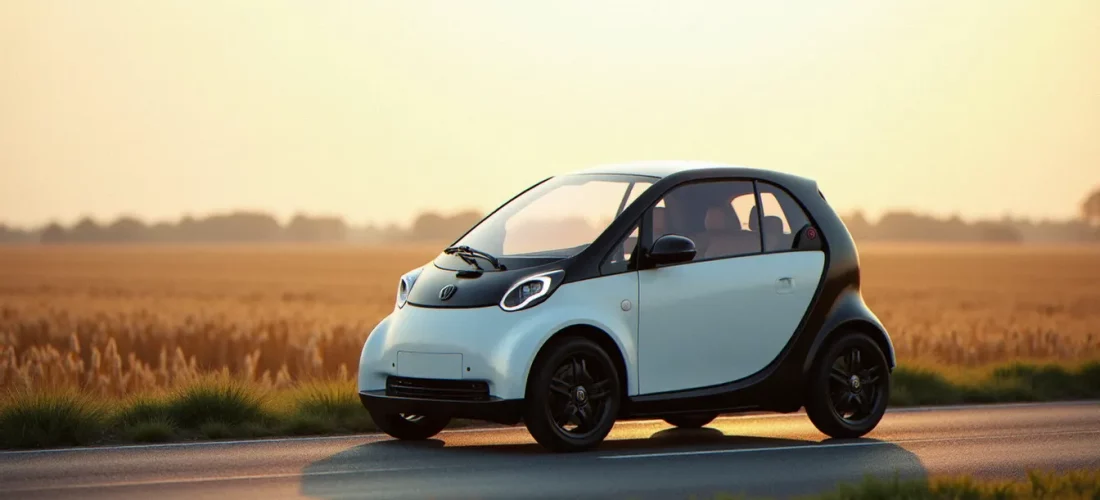Une auto sans permis électrique garée sur une route départementale en Seine-et-Marne, entourée de champs de blé sous la lumière matinale