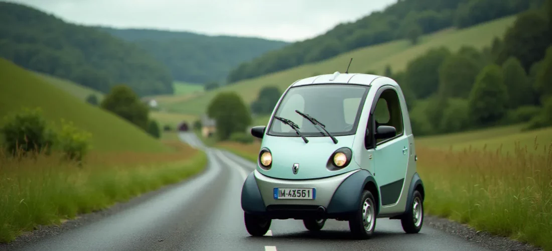 Auto sans permis garée sur une route rurale à Brassac-les-Mines dans le Puy-de-Dôme, entourée de paysages verdoyants du Massif Central