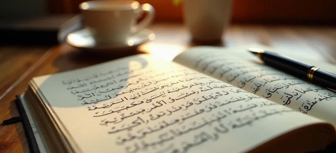 Journal ouvert avec une écriture manuscrite en arabe représentant une autobiographie en arabe, plume posée à côté sur un bureau en bois