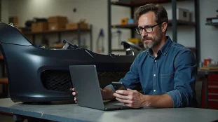 Passionné d'automobile dans son garage qui prépare un appel autodoc telephone, avec un pare-chocs en apprêt posé à côté de lui