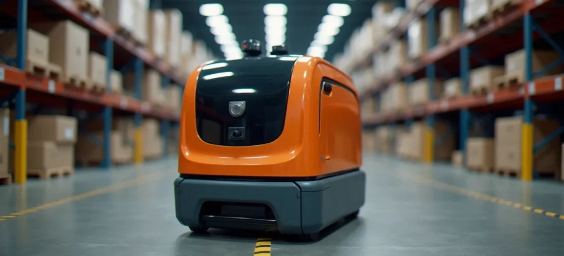 Automated guided vehicle de couleur orange transportant une palette dans une allée d'entrepôt industriel moderne avec marquages de sécurité au sol