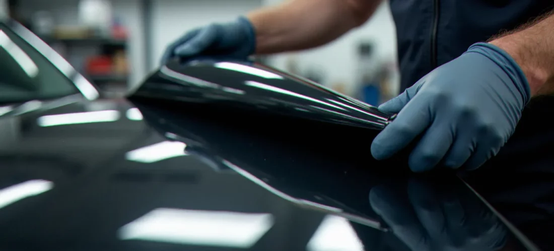 Autopsie d'un film vinyle Lyhanna en cours de dépose sur capot de voiture, révélant le vernis en dessous