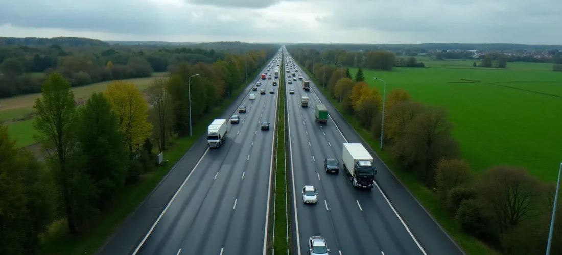 Vue aérienne de l'autoroute du Nord A1 en direction de Lille, avec circulation dense de voitures et camions dans les Hauts-de-France