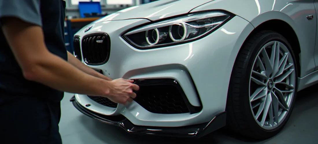 Montage d'un kit carrosserie en polyuréthane sur bouclier avant dans un atelier automobile — car avis terrain