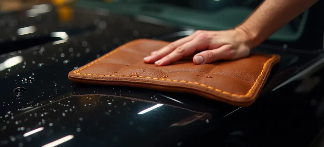 Un chamois naturel auto en peau de chèvre posé sur le capot d'une voiture noire, gouttelettes d'eau visibles sur la fibre