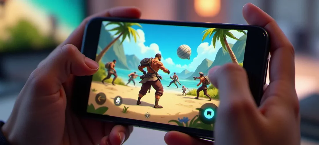 Main tenant un smartphone affichant un jeu mobile de type Roblox avec un personnage en train de farmer des ennemis, illustrant comment auto farm sur Blox Fruit mobile