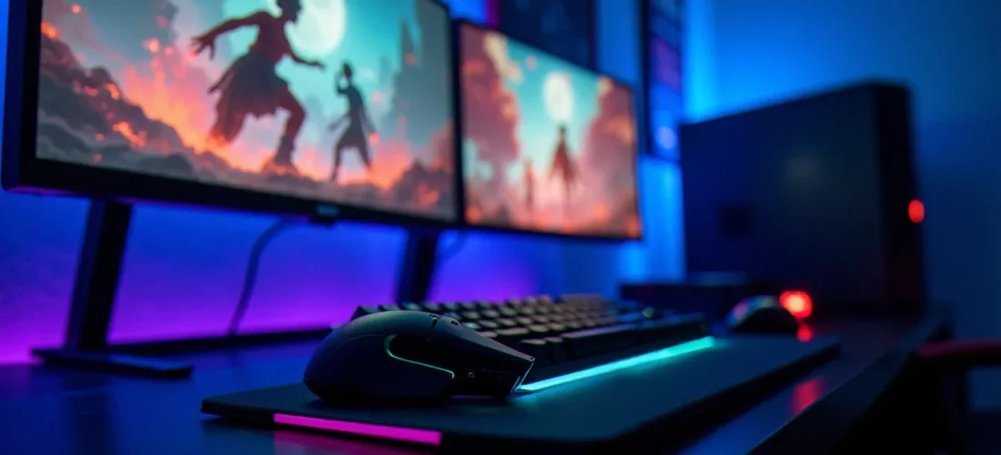 Setup PC gaming avec double écran affichant un jeu d'action pour illustrer comment auto farm sur Blox Fruit PC