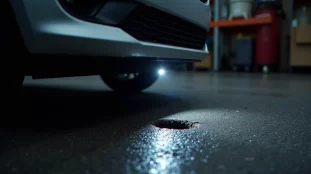 Pare-chocs compact inspecté à la lampe près d'un abyme profond dans la chaussée humide, illustration du diagnostic efficace auto abymes