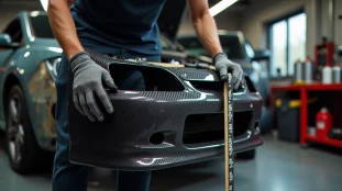 Un préparateur auto compare un pare-chocs en fibre carbone à la carrosserie d'une hatchback dans un atelier, illustrant l'utilisation d'un guide auto moto pour la compatibilité