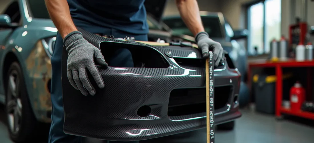 Un préparateur auto compare un pare-chocs en fibre carbone à la carrosserie d'une hatchback dans un atelier, illustrant l'utilisation d'un guide auto moto pour la compatibilité