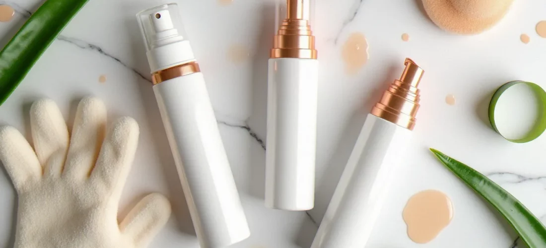 Comparatif des meilleurs autobronzants en format mousse, lait et spray posés sur marbre blanc avec gant applicateur