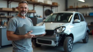Passionné tenant un pare-chocs neuf en apprêt dans un atelier, illustrant la recherche de pièces carrosserie type n7 auto pieces