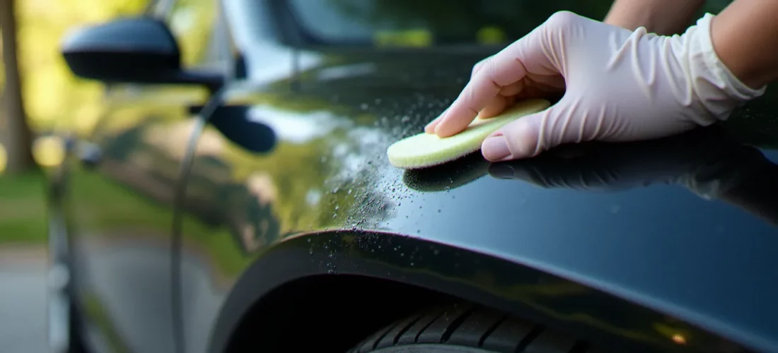 Application d'un nettoyant plastique auto naturel sur un pare-chocs noir mat avec un applicateur en mousse