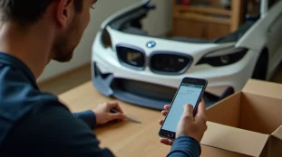 Un passionné consulte sa commande sur smartphone à côté d'un pare-chocs neuf apprêté dans son garage, illustrant la recherche d'un numero autodoc