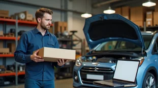 Passionné dans son garage avec une pièce de carrosserie neuve en carton, préparant une commande de pièces auto 24 pour sa voiture