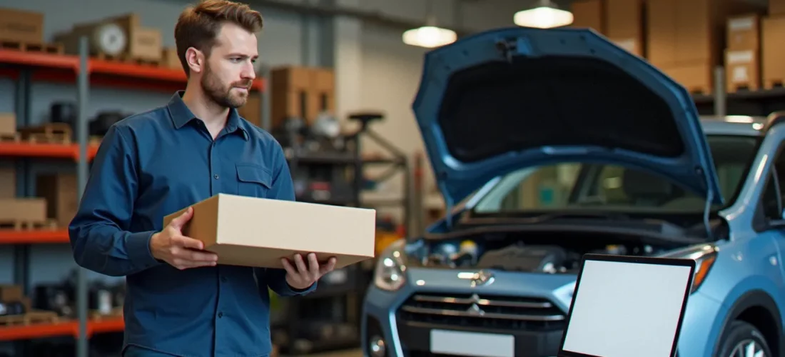Passionné dans son garage avec une pièce de carrosserie neuve en carton, préparant une commande de pièces auto 24 pour sa voiture