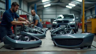 Mécanicien comparant des pièces auto de carrosserie neuves et anciennes sur un établi d'atelier