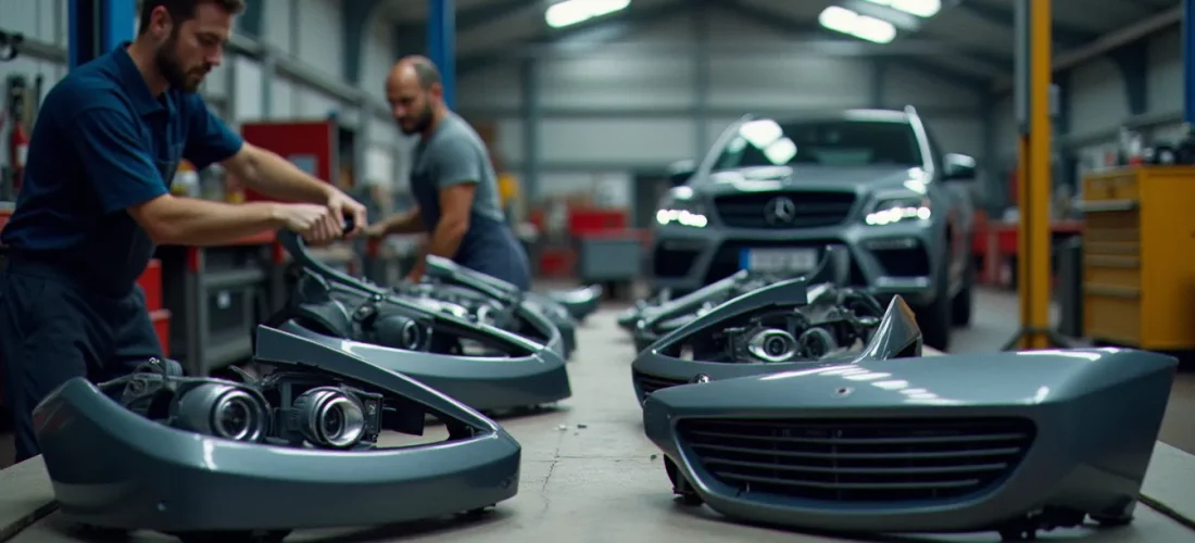 Mécanicien comparant des pièces auto de carrosserie neuves et anciennes sur un établi d'atelier