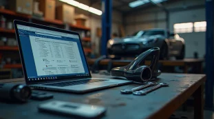 Plan de travail avec catalogue de référence de recette auto pièces ouvert sur ordinateur et pare-chocs en attente de compatibilité