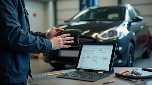 Pare-chocs fissuré tenu par un préparateur dans un garage, illustrant une recherche SOS pièce auto après un accrochage