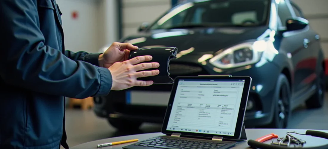 Pare-chocs fissuré tenu par un préparateur dans un garage, illustrant une recherche SOS pièce auto après un accrochage