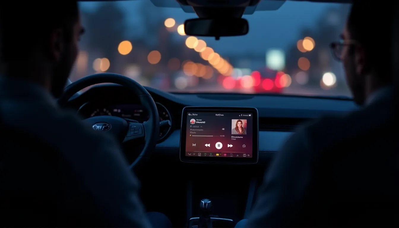 Écran autoradio bluetooth voiture affichant une application de streaming musical pendant un trajet nocturne en ville