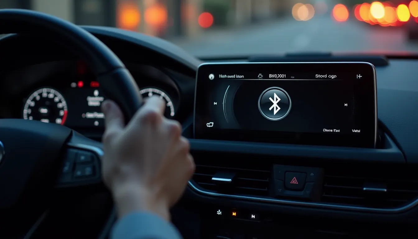 Tableau de bord de voiture moderne avec autoradio double DIN affichant une connexion bluetooth voiture active vers un smartphone