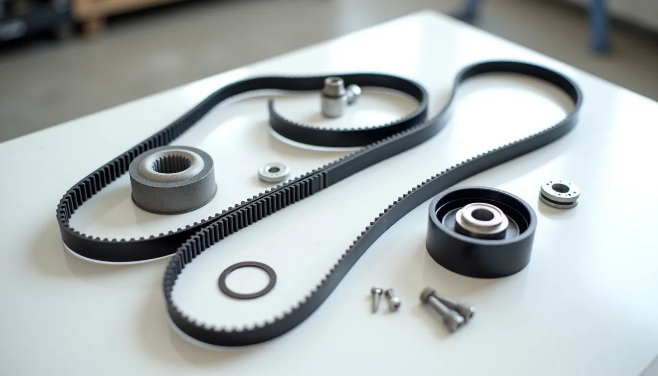 Vue de dessus des composants d'un kit distribution complet sur table blanche d'atelier : courroie, galets, pompe à eau, joint et visserie séparés