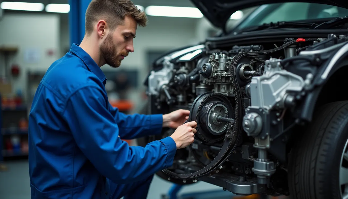 Mécanicien professionnel en combinaison bleue installant une courroie de distribution sur un moteur automobile avec les poulies d'arbre à cames visibles dans un atelier moderne