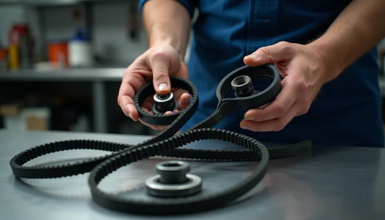 Kit distribution neuf posé sur un établi d'atelier avec courroie de distribution en caoutchouc renforcé, galets tendeur et enrouleur visibles en détail