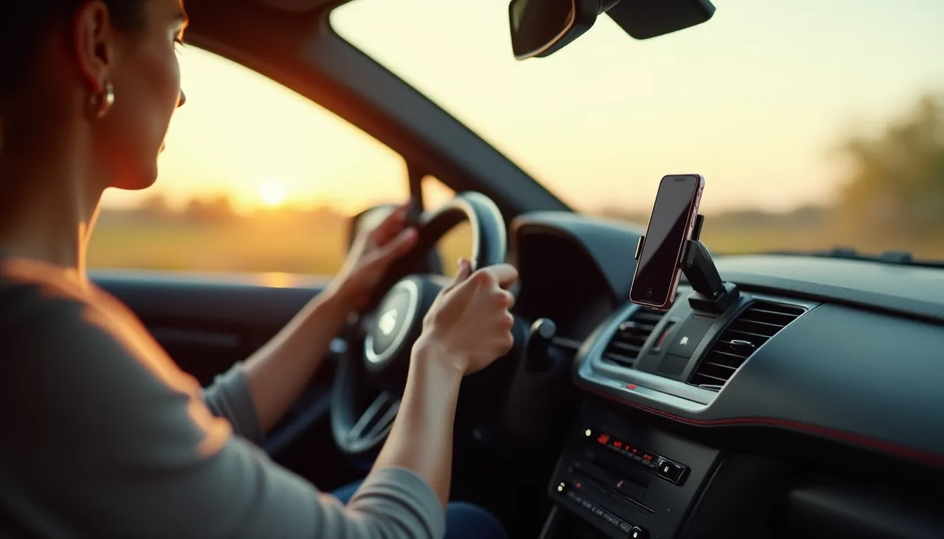 Kit main libre Bluetooth monté sur le pare-soleil d'un habitacle moderne, mains du conducteur sur le volant en cuir pendant un appel