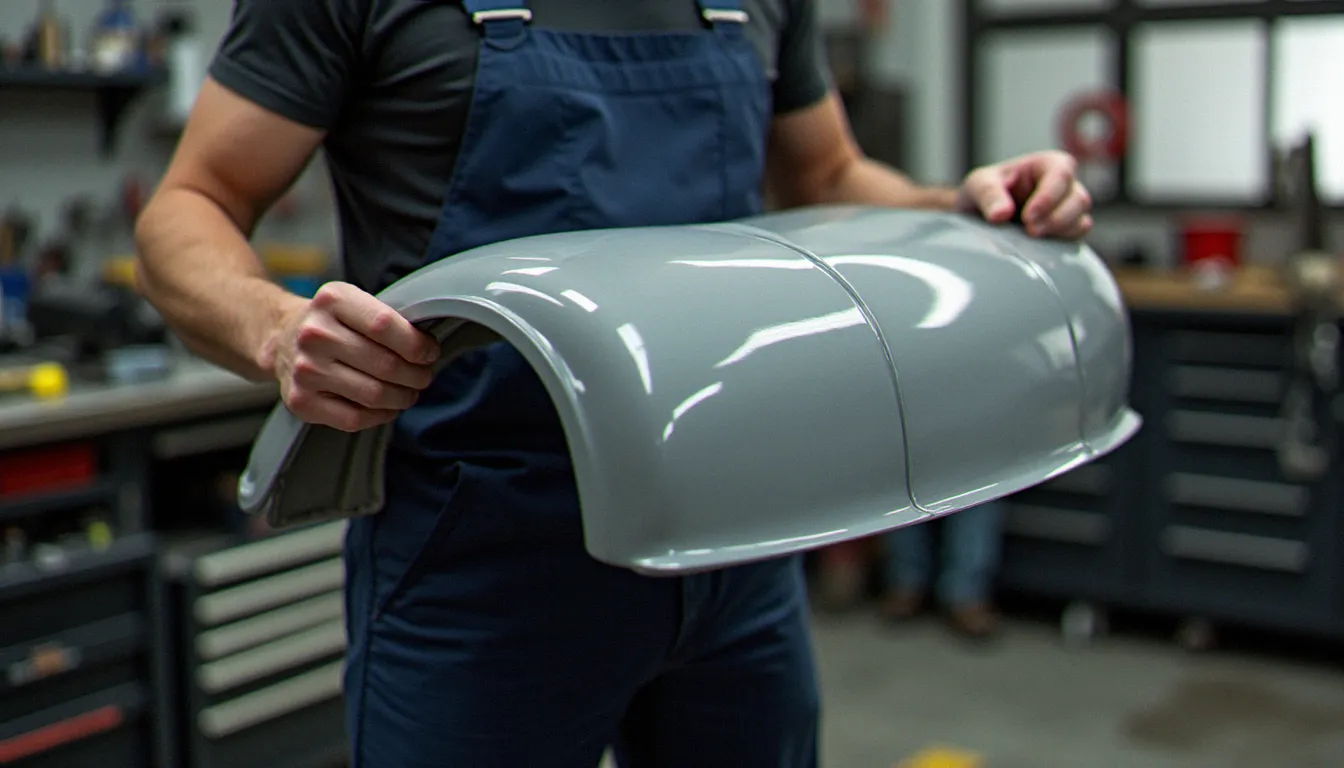 Aile avant élargie en fibre de verre pour kit carrosserie Peugeot 306 tenue dans les mains d'un préparateur automobile dans un atelier