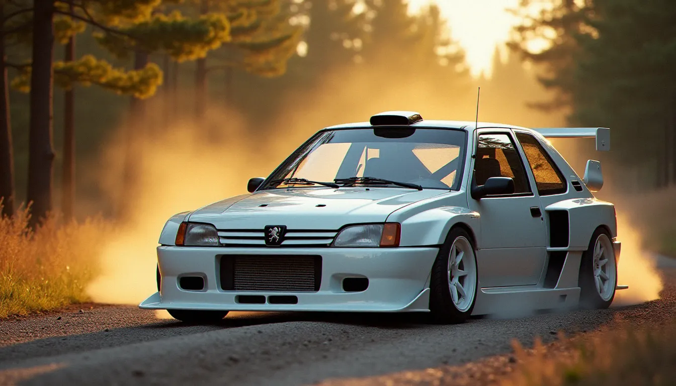 Peugeot 306 kit car blanc avec ailes larges style Maxi sur une piste de rallye en graviers, éclairage doré de fin de journée