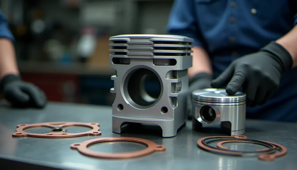 Kit cylindre 70 Fast AM6 posé sur établi d'atelier, avec piston, segments et joints — composants d'un kit 70 pour moteur AM6 deux temps