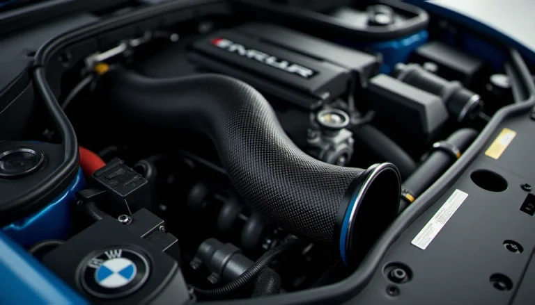 Admission Eventuri en fibre de carbone installée dans le compartiment moteur d'une BMW M, vue rapprochée du système d'admission complet