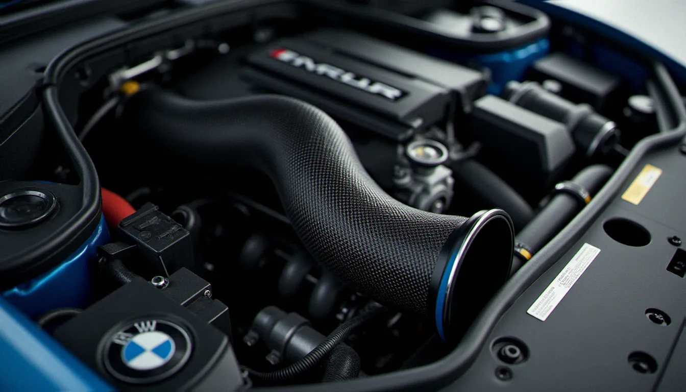 Admission Eventuri en fibre de carbone installée dans le compartiment moteur d'une BMW M, vue rapprochée du système d'admission complet