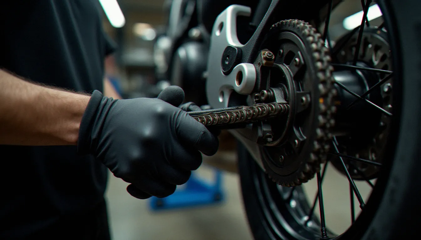 Montage d'un afam kit chaine avec outil de rivetage professionnel sur une moto surélevée dans un atelier bien éclairé