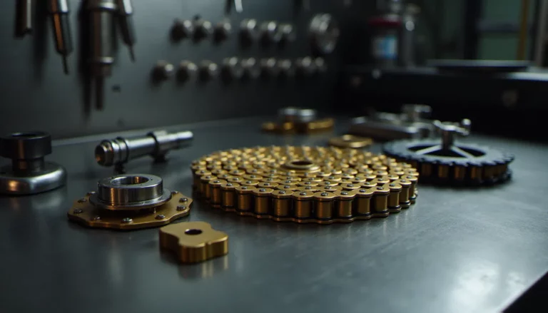 Kit chaine AFAM complet avec chaîne X-ring dorée, pignon avant et couronne arrière disposés sur un établi d'atelier moto