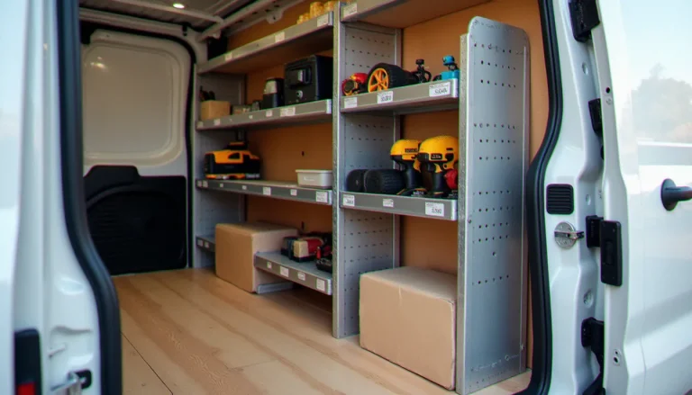 Aménagement intérieur professionnel d'un Peugeot Expert L1H1 avec rayonnage aluminium et plancher contreplaqué traité, vue depuis la porte coulissante ouverte