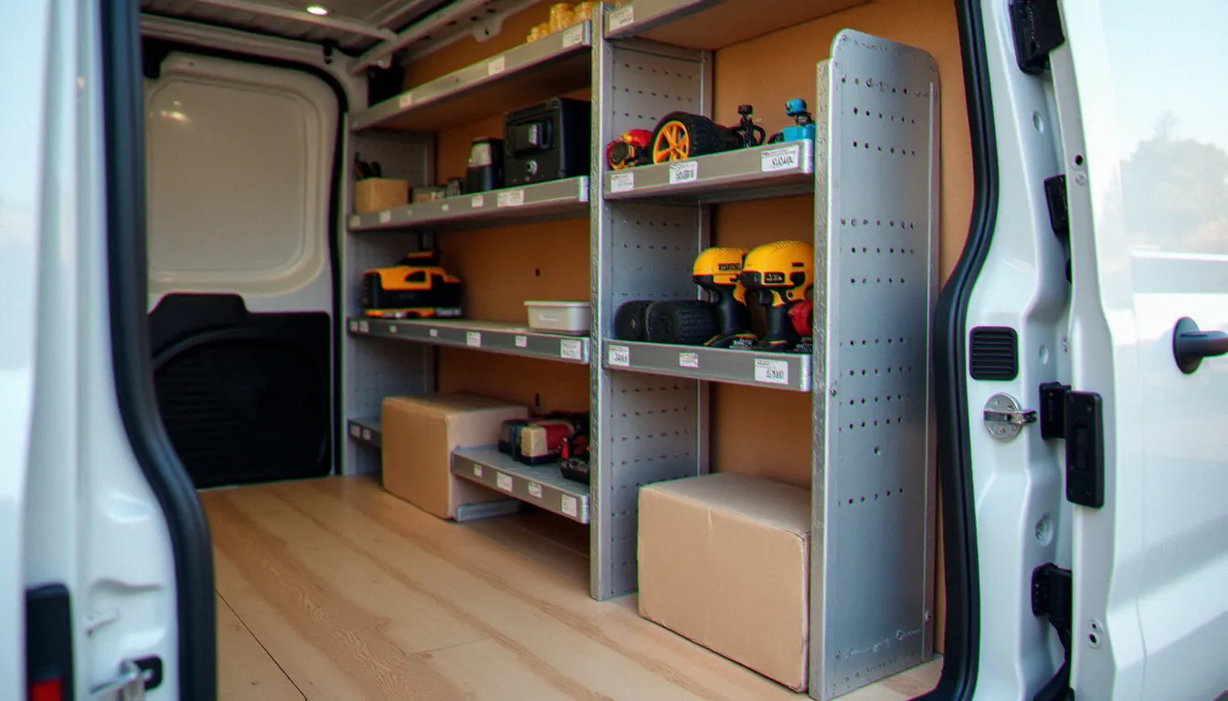 Aménagement intérieur professionnel d'un Peugeot Expert L1H1 avec rayonnage aluminium et plancher contreplaqué traité, vue depuis la porte coulissante ouverte