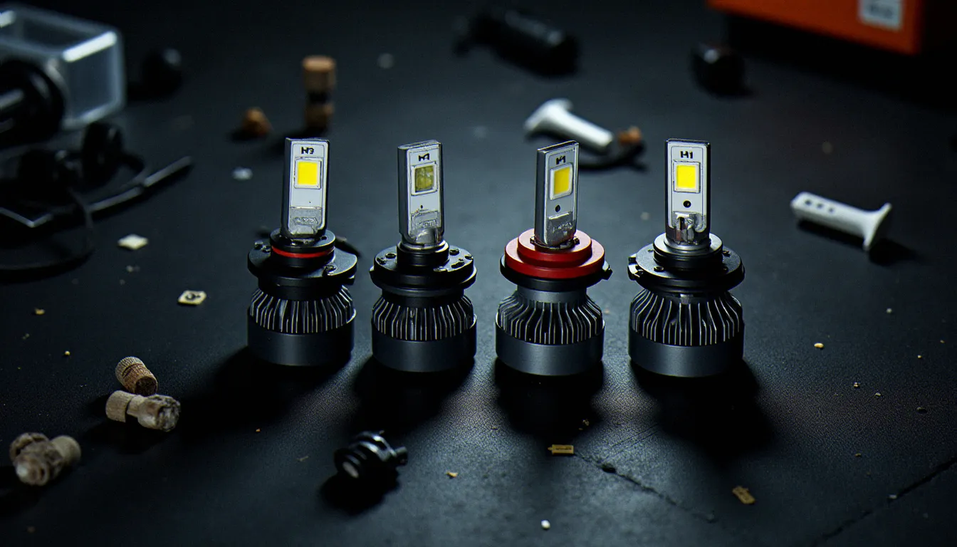 Différentes références d'ampoules LED compatibles avec la Mégane 3 posées sur un établi d'atelier