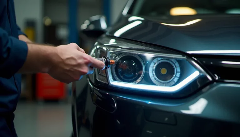 Installation d'une ampoule LED H7 dans le bloc optique avant d'une Renault Mégane 3 dans un atelier