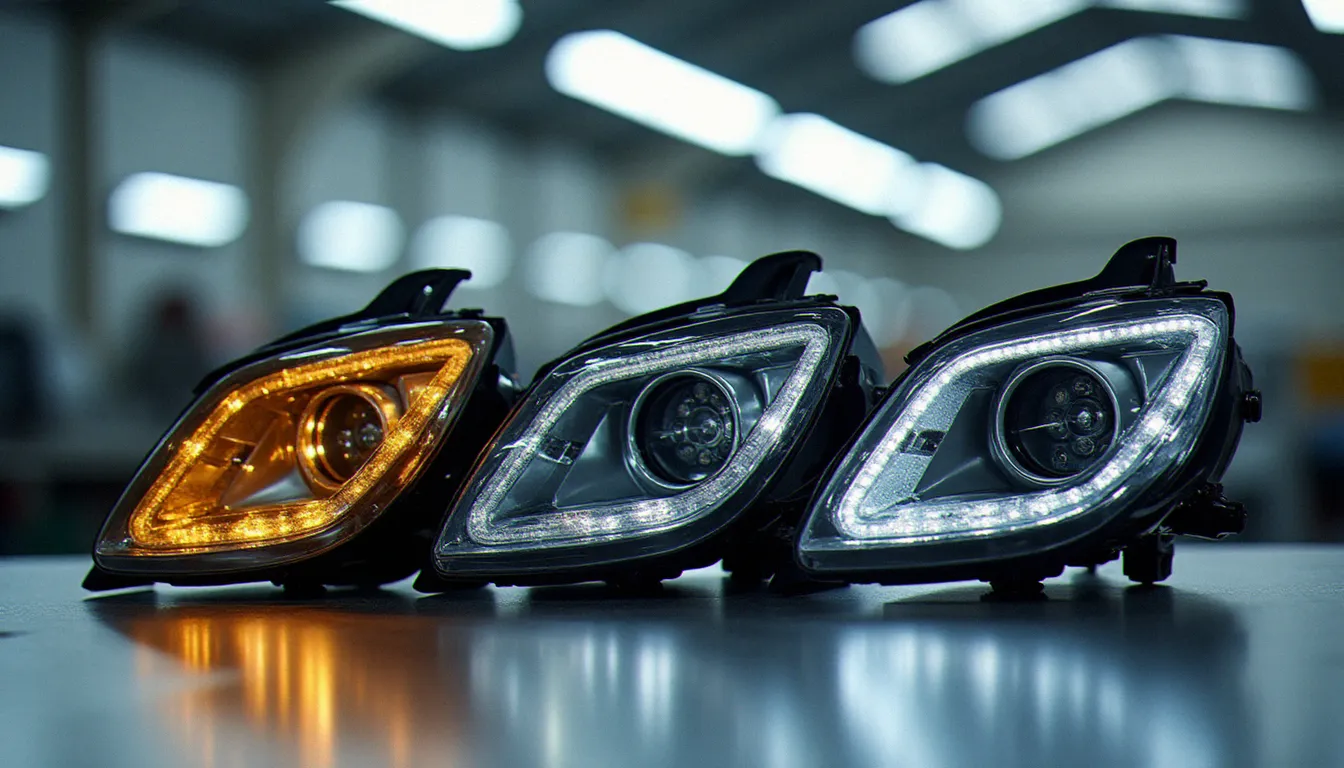 Comparaison de trois blocs optiques Audi A3 posés en atelier côte à côte : halogène jauni, LED standard et LED matrix à segmentation visible