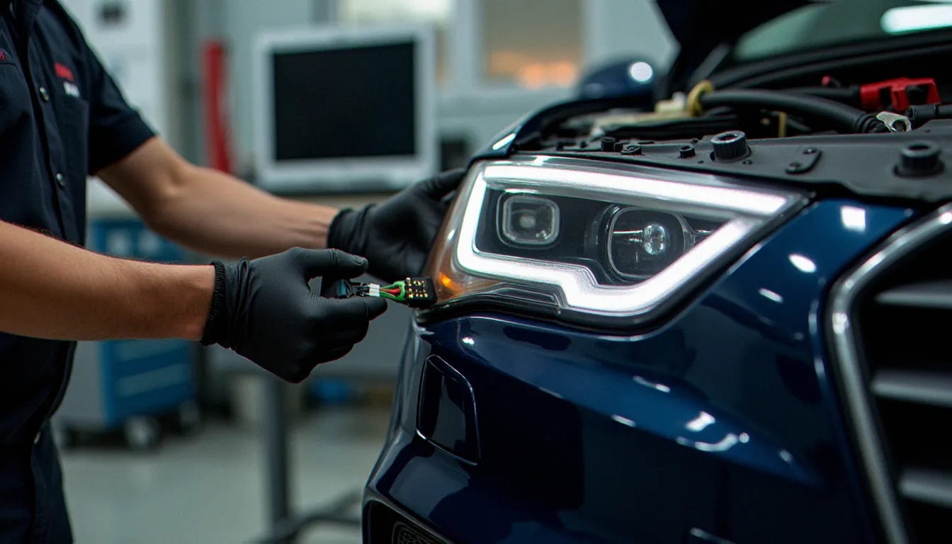 Installation d'un bloc optique LED complet sur une Audi A3 avec bouclier déposé, connexion du faisceau électrique en cours, laptop de diagnostic VCDS visible en arrière-plan