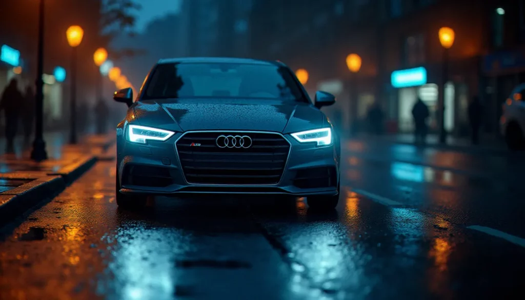 audi a3 led featured Audi A3 Sportback de nuit avec ses phares LED matrix allumés projetant un faisceau blanc puissant et précis sur route mouillée en ville