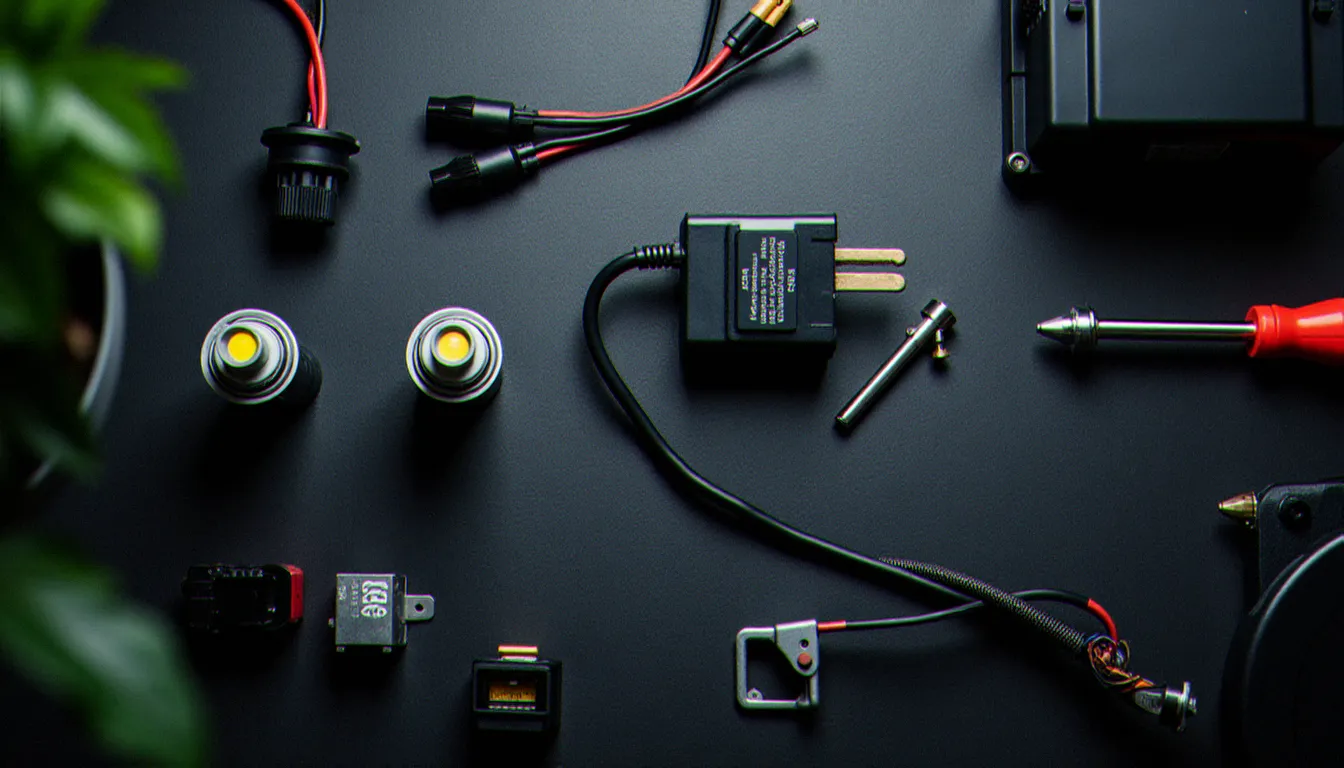 Kit de conversion LED complet avec ampoules H7, modules anti-erreur CAN-bus et connecteurs pour Audi A3, disposé sur établi d'atelier avant installation
