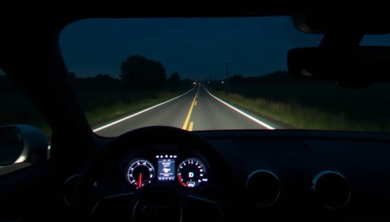 Vue conducteur depuis l'habitacle d'une Audi A3 équipée de phares Matrix LED éclairant une route de campagne nocturne, démontrant la portée et la précision des audi a3 led lights matricielles