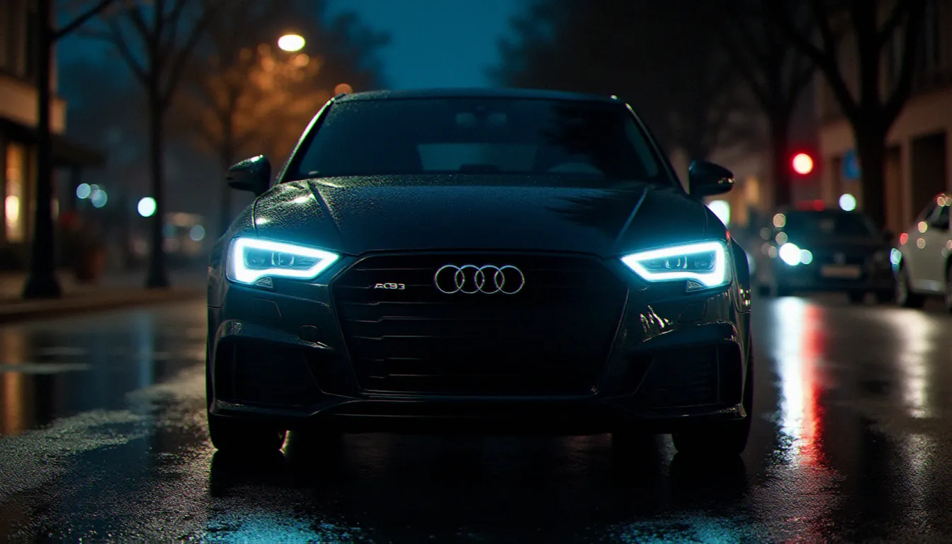 Phares LED allumés sur une Audi A3 8Y noire sur route mouillée la nuit, illustrant la puissance et la signature des audi a3 led lights en conditions réelles